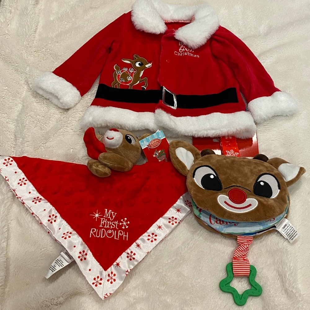 Bundle of Rudolph the Red-Nosed Reindeer Baby Items Coat, Snuggle Blanket, Book
